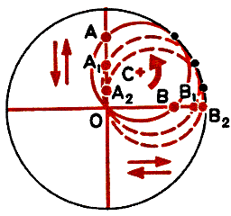 Рис. 1. Частный случай гипоциклоиды: при обкатке одной окружности внутри другой, имеющей вдвое больший радиус, точки А и В малой окружности перемещаю