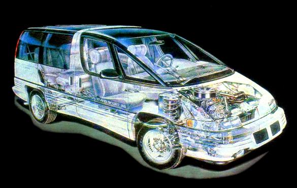 Компоновка «Понтиак-транс-спорт-СЕ» (США) 1990 года. У автомобиля три ряда сидений, расположенный п
