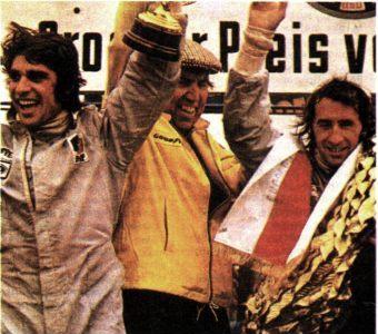 1973 год. Франсуа Север, Кен Тиррел и Джекки Стюарт празднуют двойную победу в Большом призе ФРГ. П
