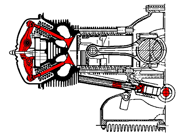 6. Разновидность пятой схемы («Татра-план-600» 1952 года). Здесь клапаны размещены под углом один к