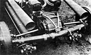 Задние колеса соединены трубчатой балкой «Де Дион». Реактивные силы передаются на раму коваными поп