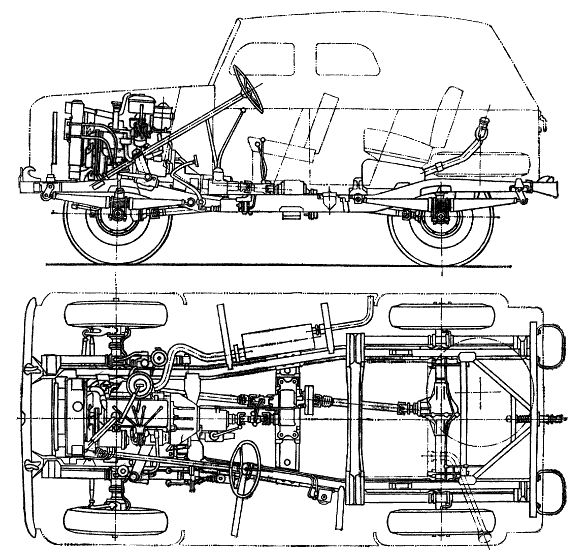 Шасси автомобиля ГАЗ-69А. Бак для топлива показан в плане условным пунктиром. Детали двигателя см. 
