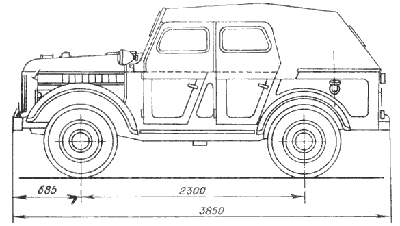 Схема автомобиля ГАЗ-69 (вид сбоку).